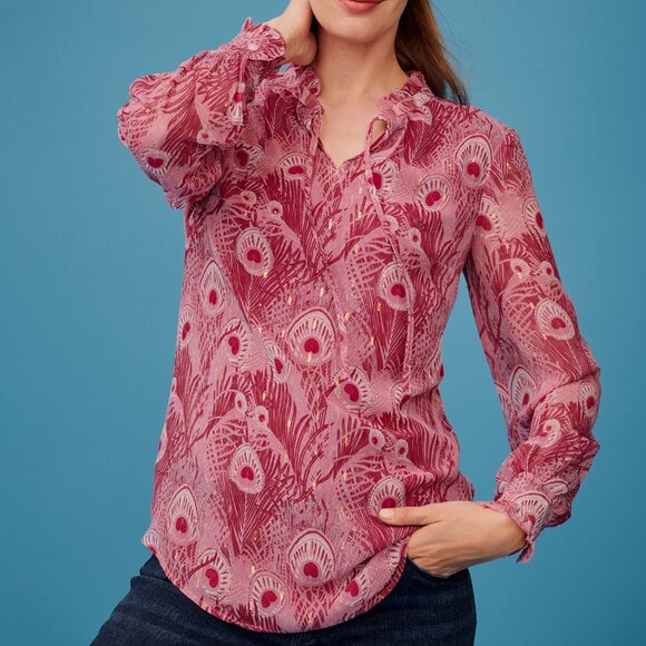 Talbots 1X Ruffle Tie Neck Popover Blouse Top Pink Peacock Feathers Sheer Sleeve - Picture 1 of 13